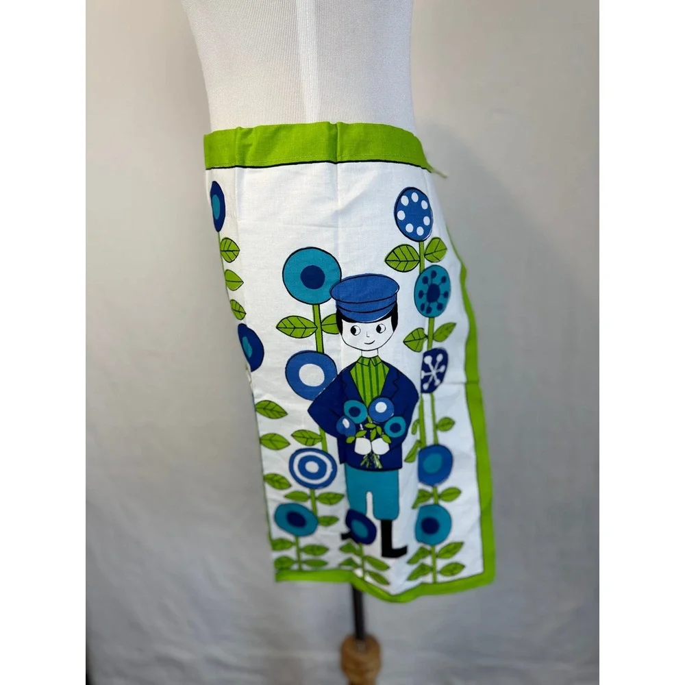 Vintage MCM Folk Art Apron Blue White Green Graphic‎ Print Reto Scandinavian